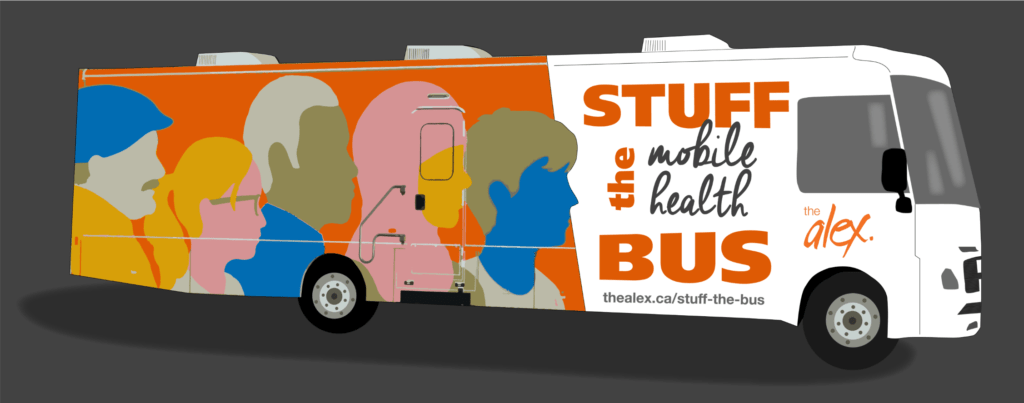 Graphic of The Alex community health bus that reads: Stuff the mobile health bus