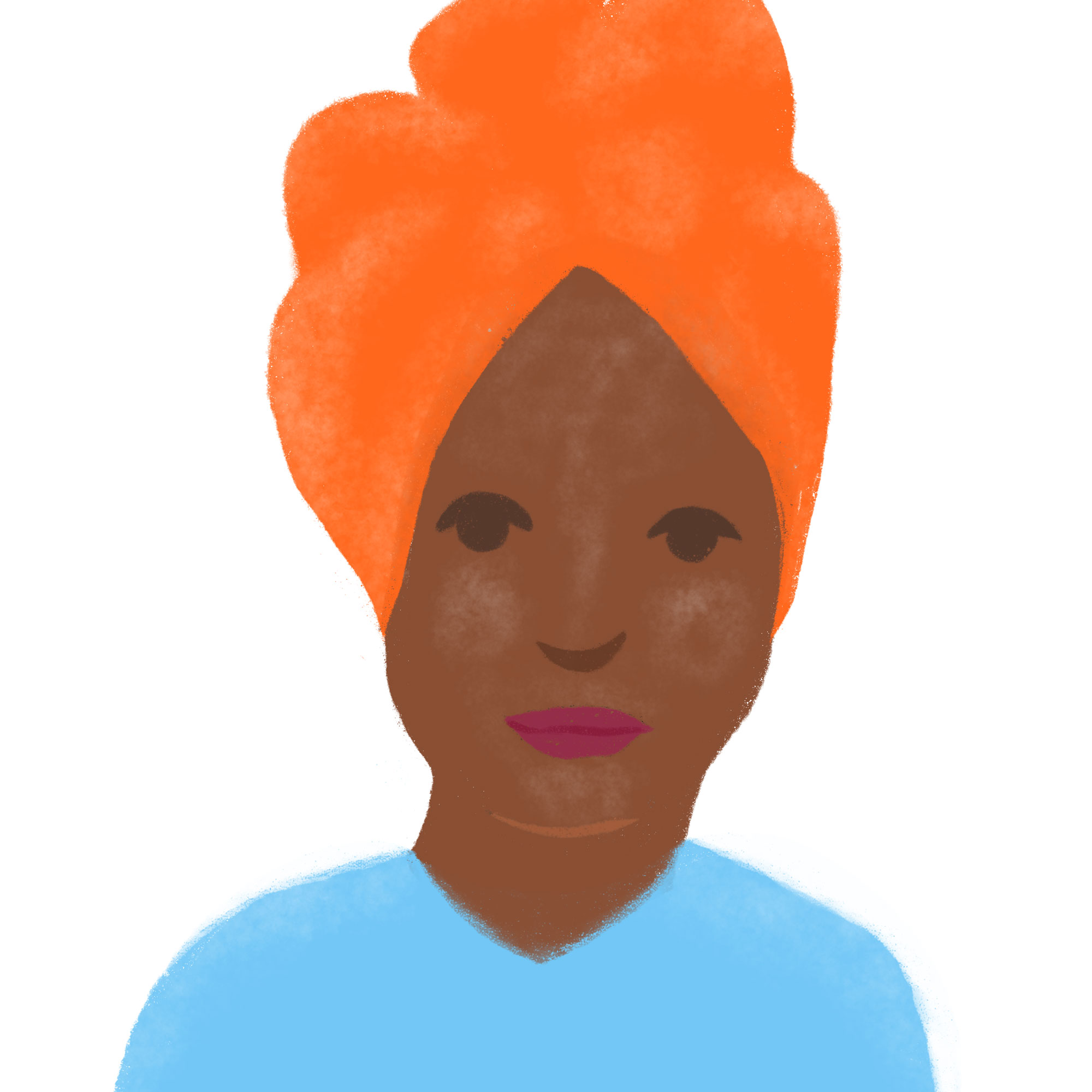 alx-person2 Illustration of black woman wearing an orange turban and blue shirt