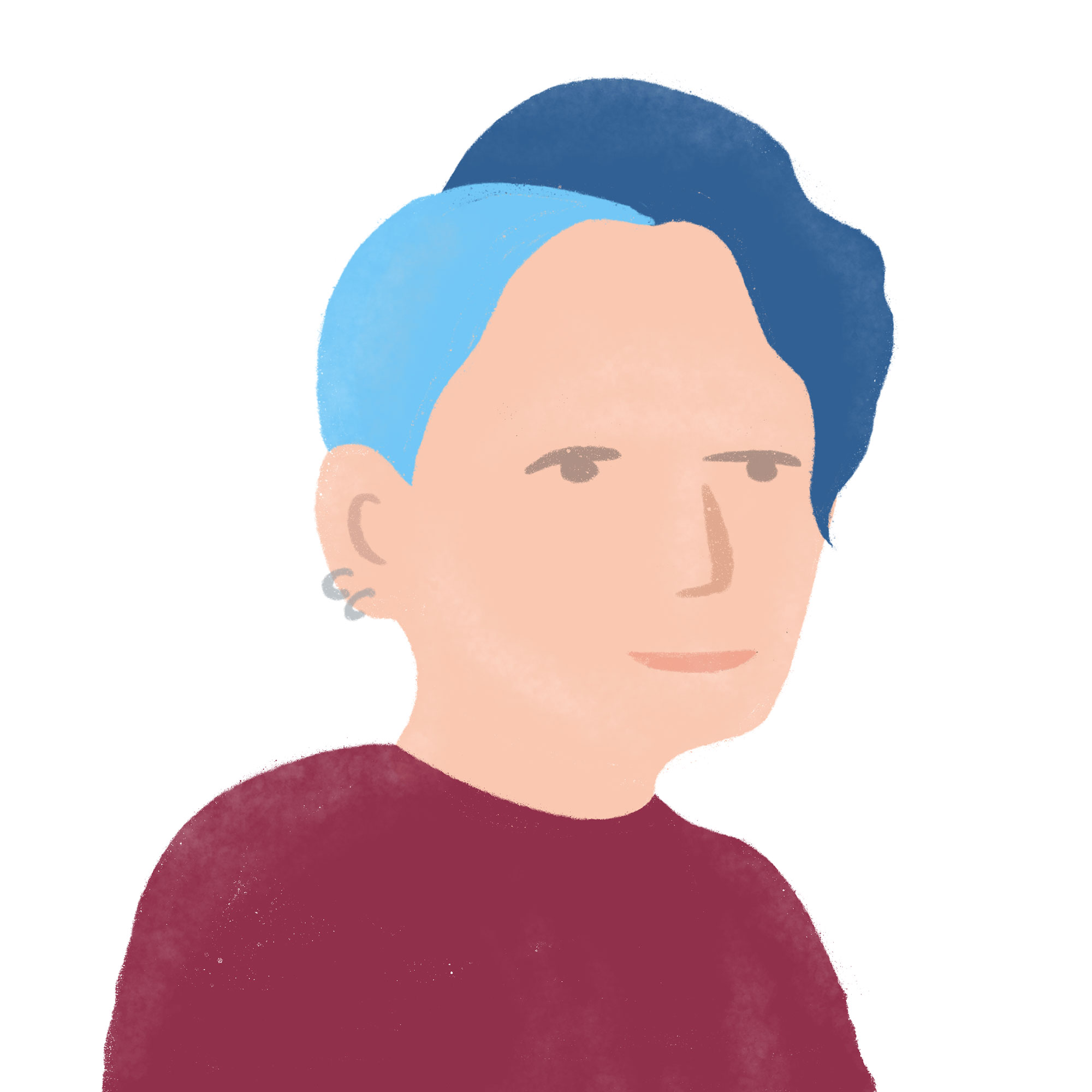 Illustration of white person with ear piercings and blue hair, wearing a red shirt